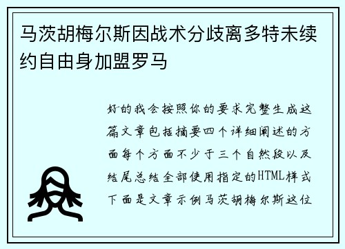 马茨胡梅尔斯因战术分歧离多特未续约自由身加盟罗马